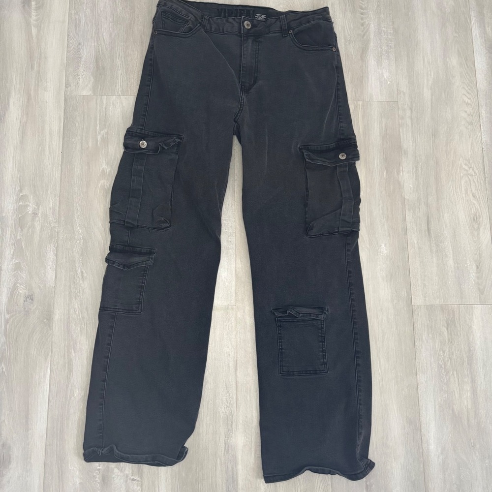 VIP Jeans Black Cargo Pants Wide Leg Stretch Gorpcore Y2K Goth Grunge Size 15/32